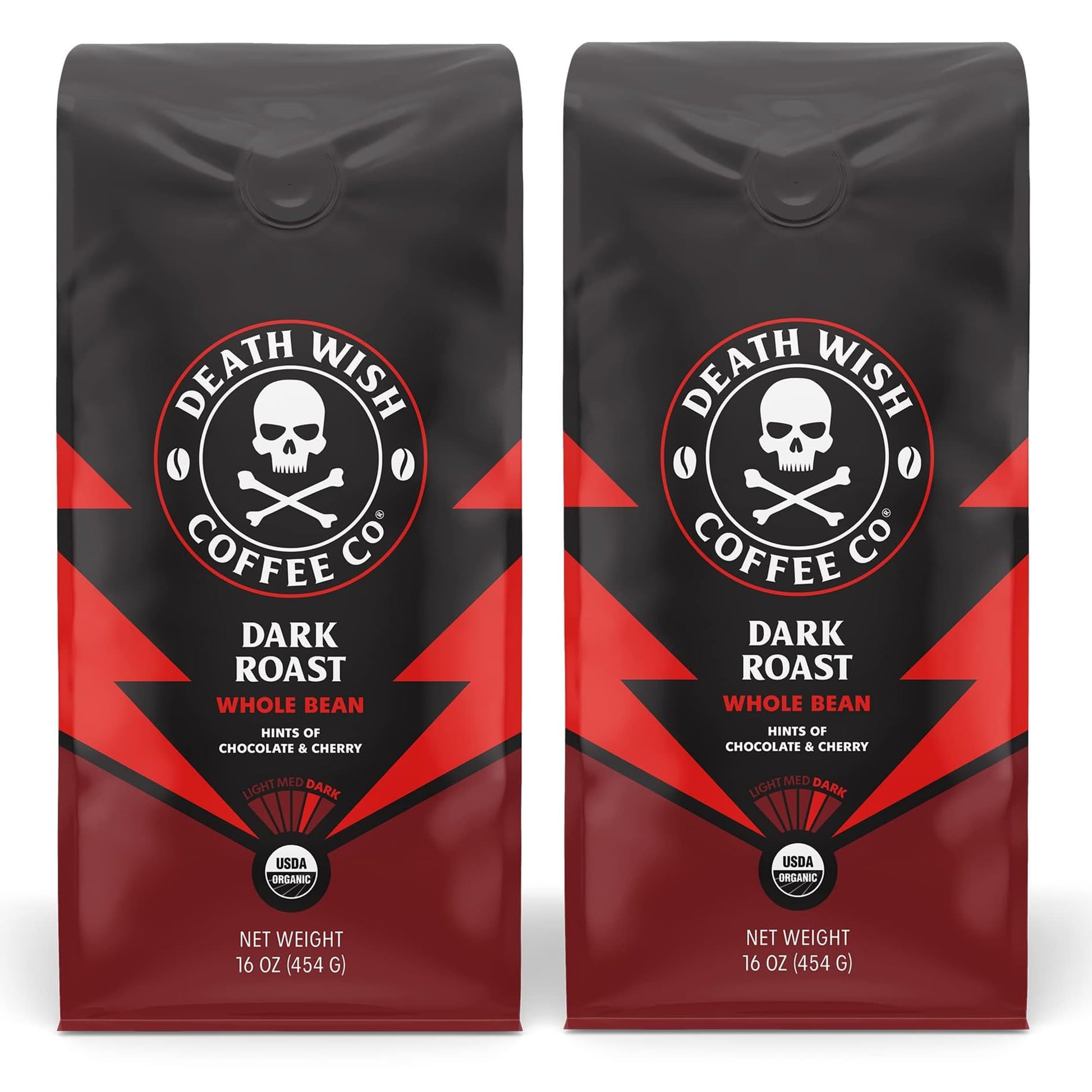 Death Wish Coffee Co. Whole Bean Dark Roast - Extra Kick of Caffeine - USA Organic Coffee Beans Bundle/Bulk - Fair Trade Arabica & Robusta Coffee - Real Dark Roast Coffee Beans 16 Ounce (Pack of 2)