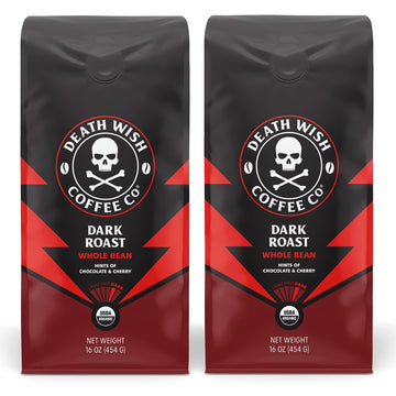 Death Wish Coffee Co. Whole Bean Dark Roast - Extra Kick of Caffeine - USA Organic Coffee Beans Bundle/Bulk - Fair Trade Arabica & Robusta Coffee - Real Dark Roast Coffee Beans 16 Ounce (Pack of 2)