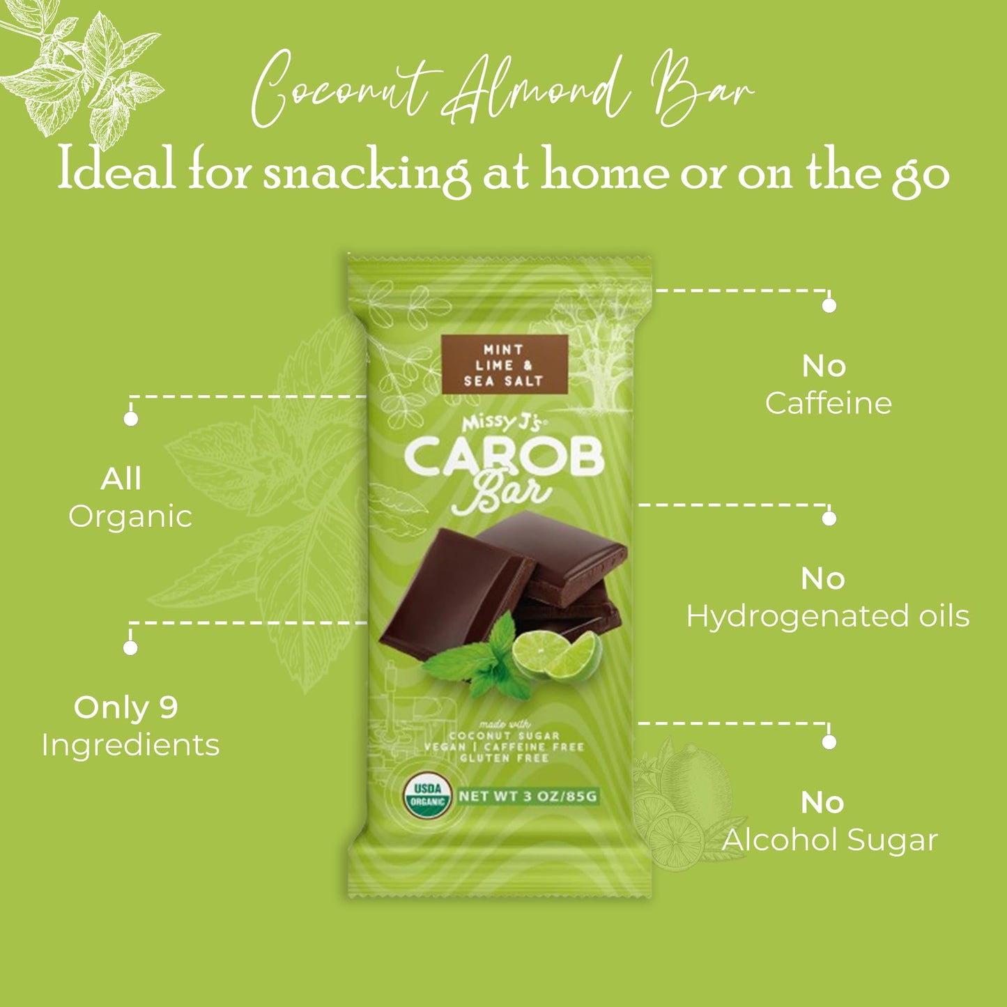 Missy Js Organic Carob Mint Candy Bar 3 Oz 2 Pack, Vegan, Gluten Free, Healthy Chocolate Alternative