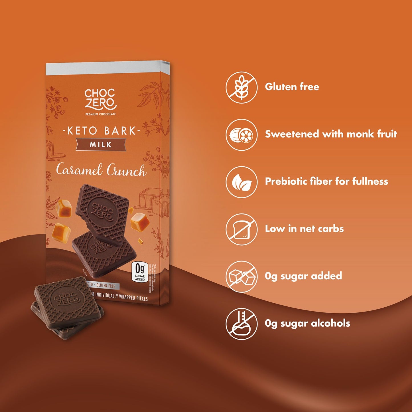 Choczero Caramel Crunch Keto Bark, Milk Chocolate, No Added Sugar, Gluten Free, Low Carb, 3.2 Ounce (Pack Of 4)