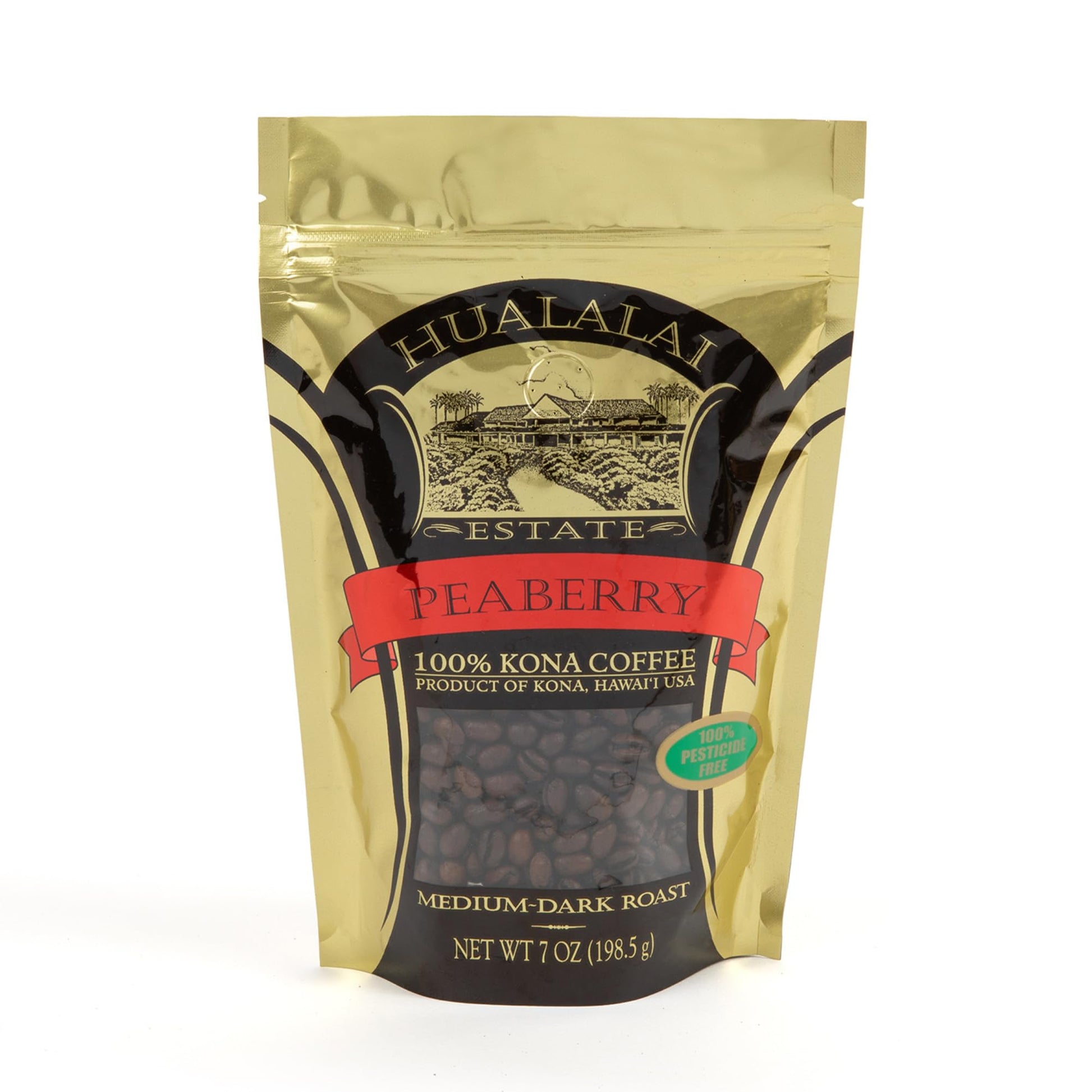 Hualalai Estate Whole Bean 100% Peaberry Kona Coffee - Pesticide-Free Gourmet Grade enhanced Coffee - Medium Dark Roasted Hawaiian Grown Beans (7 oz)