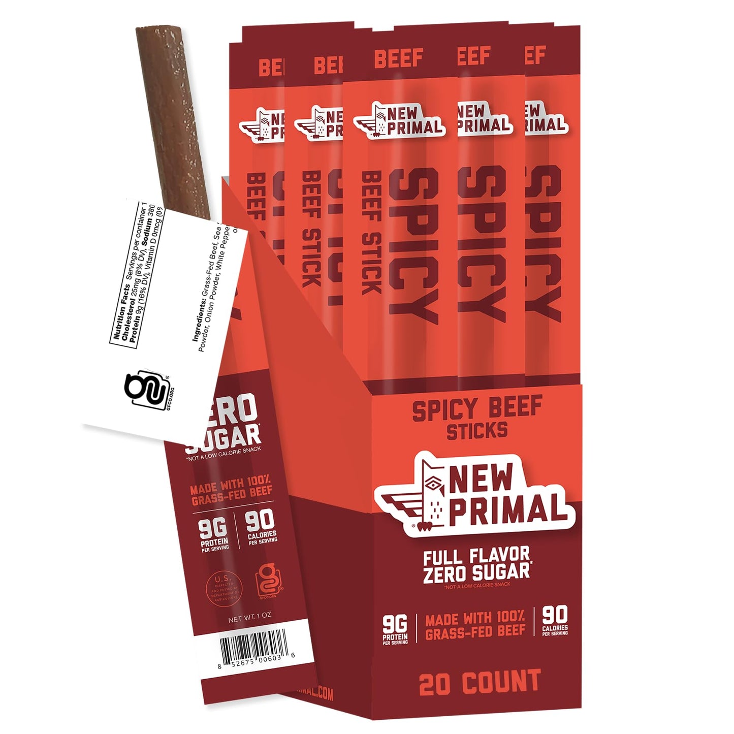 The New Primal Grass-Fed Spicy Beef Sticks, Keto, Gluten Free Healthy Snacks for Adults, Sugar Free Low Carb High Protein Snack,