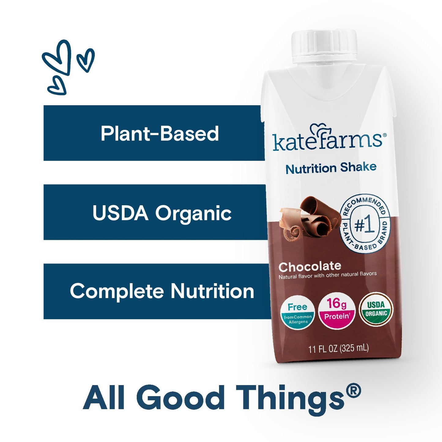 Kate Farms Organic Vegan Nutrition Shake, Chocolate, 16g Protein, 27 Vitamins, 11 Fl Oz, Pack of 12, Gluten Free, Non-GMO