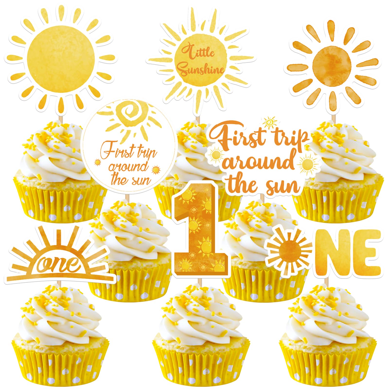 Weecent 48 Pcs First Trip Around The Sun Cake Topper, Sunshine Cupcake Toppers Sun Cupcake Toppers 1St Birthday Decorations For