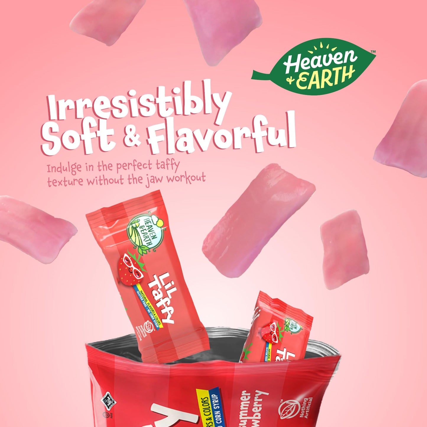 HEAVEN & EARTH Lil Taffy Candy - Summer Strawberry, Dye Free, Gluten Free, Kosher, Approx. 40 Count, 21.2 x 2.9 x