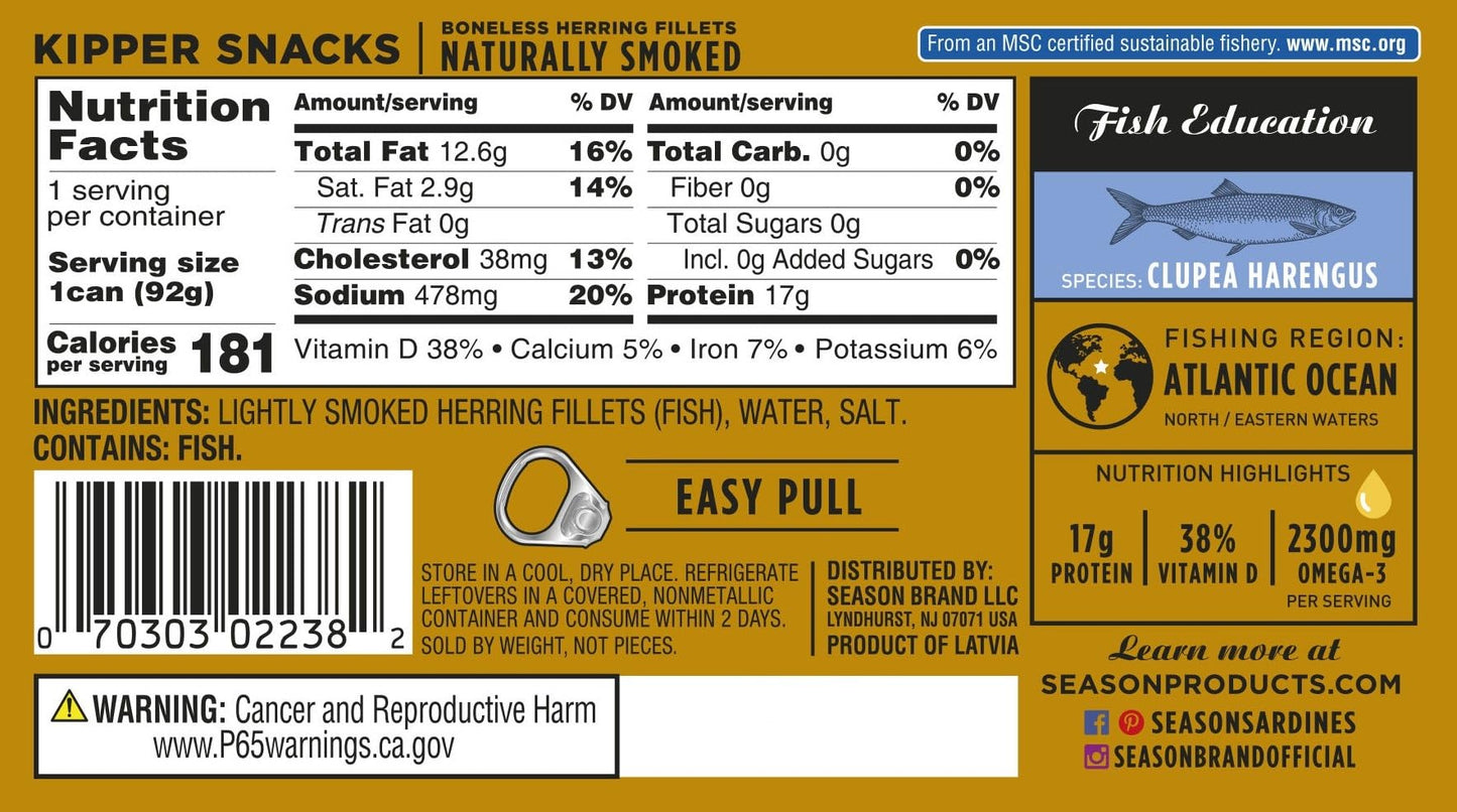 SEASON Kipper Snacks Boneless Herring Fillets, Naturally Smoked, Keto, Non-GMO, 18g Protein, 3.25 Oz, Pack of 12