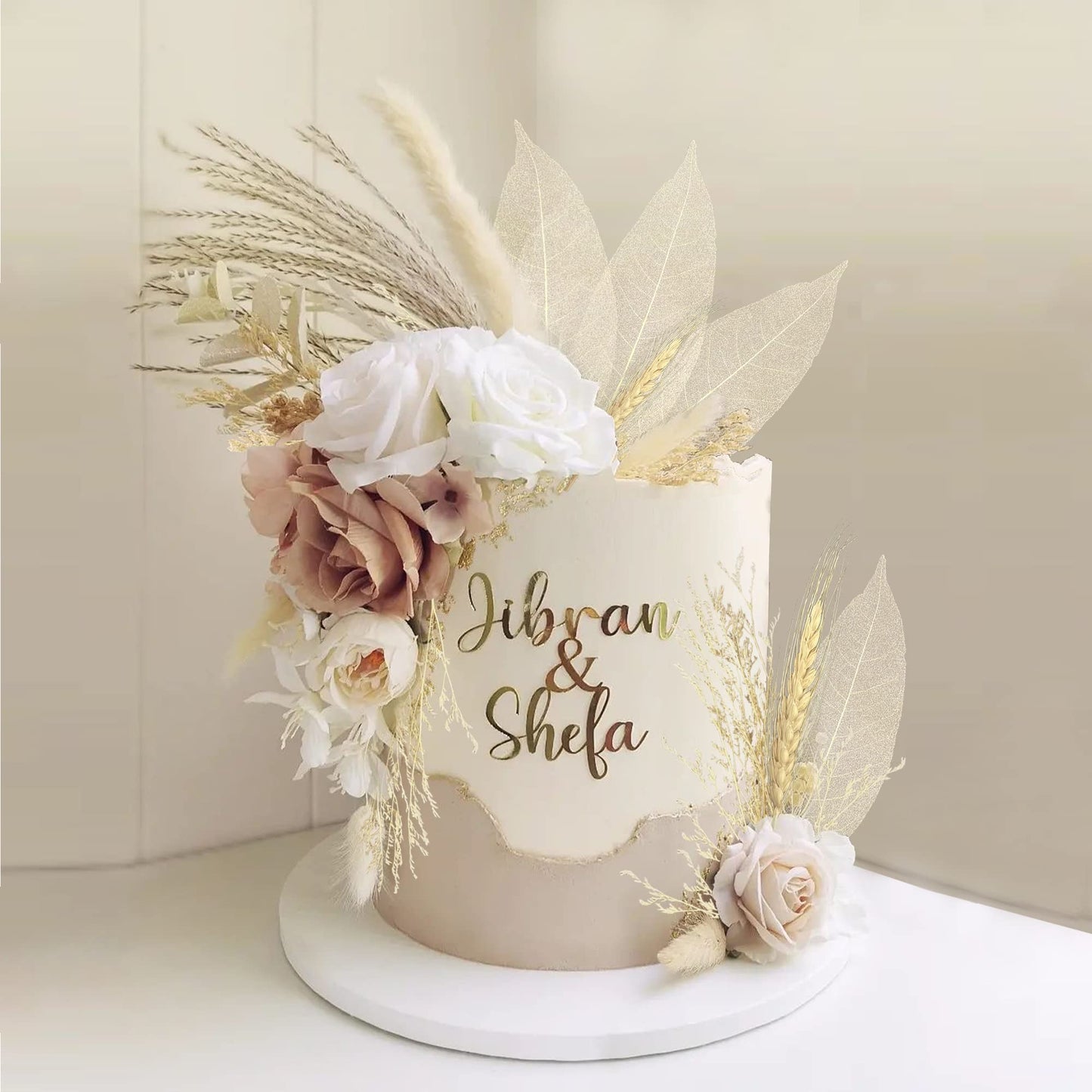 HAVAGDTM 22 PCS Boho Cake Topper Set - Vintage Artificial Rose Flowers & Dried Pampas Grass - Pink White Apricot for Weddings & Parties