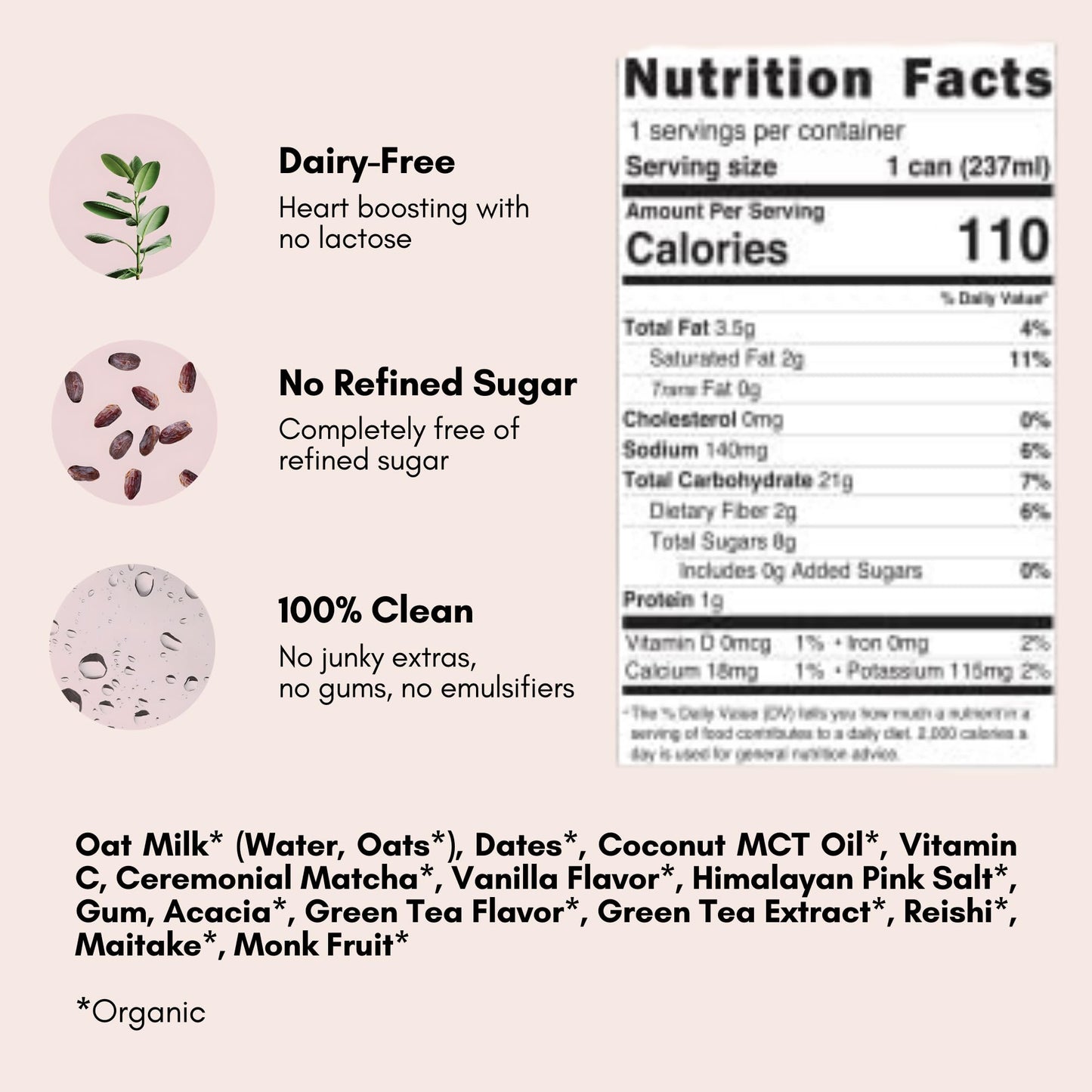 Pop & Bottle Oat Milk Lattes, Matcha with Reishi & Maitake, Dairy Free, 8 Fl Oz (Pack of 12)