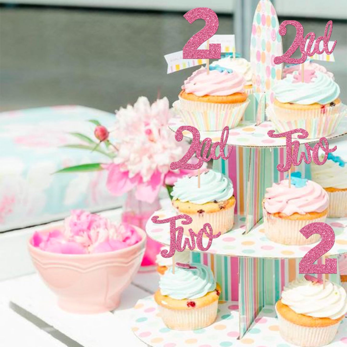 24 Pcs Two Cupcake Toppers Glitter 2Nd Birthday Cupcake Picks Number 2 Two Cake Picks For Baby Shower Kids Second Birthday Anniv