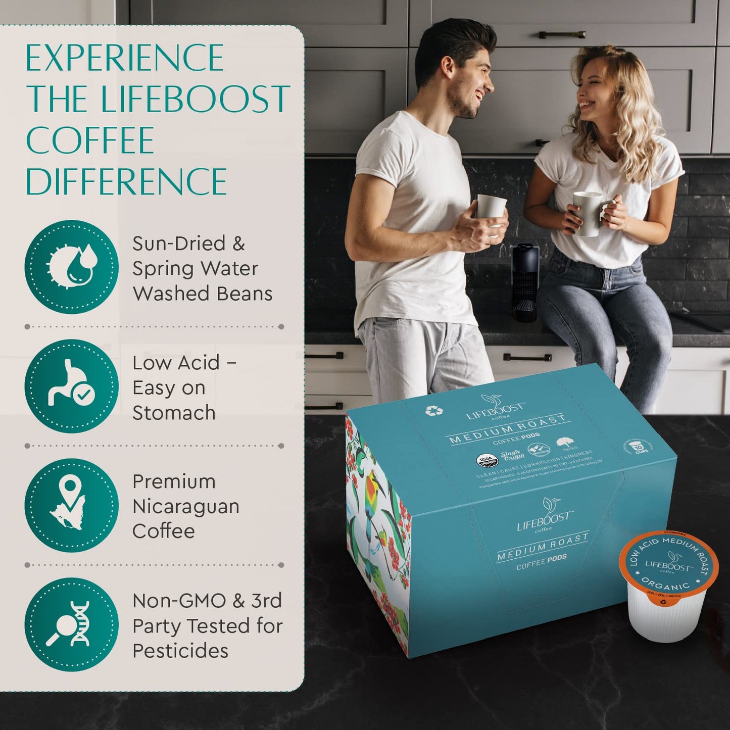LIFEBOOST Medium Roast Low Acid Coffee K Cups, Organic, Non-GMO, 10 Count, Compatible with Keurig Machines