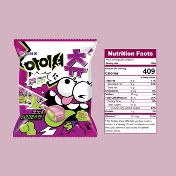 Korean Snack Super Sour Chewing Candy, Fruit Flavor, Individually Wrapped, 193.5G (6.82Oz), Pack Of 1 (Grape & Shine Muscat)