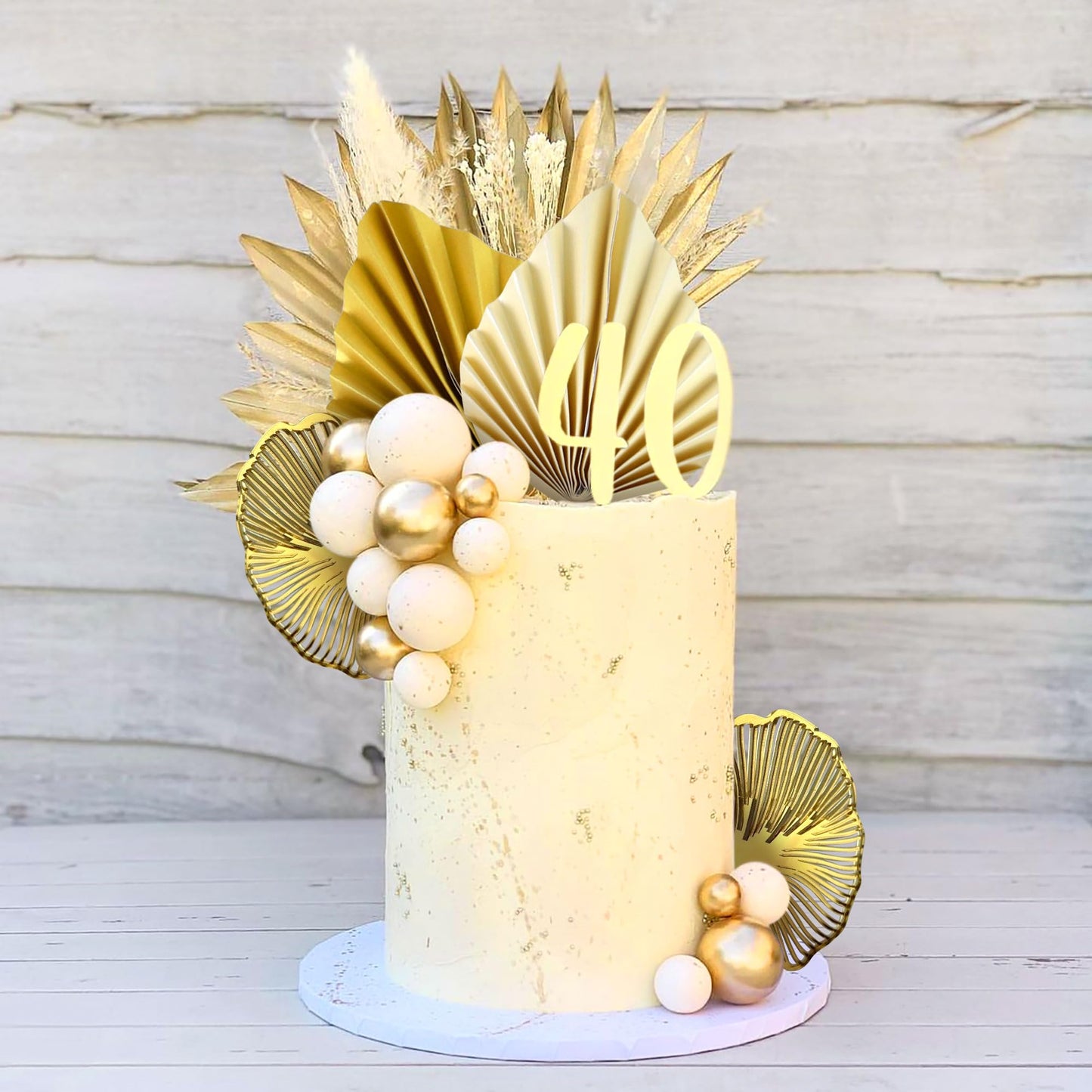 LaVenty Cake Decoration - Champagne Rose with Gold Balls & Palm Leaves, 2x4, Golden Color, Boho Party Supplies