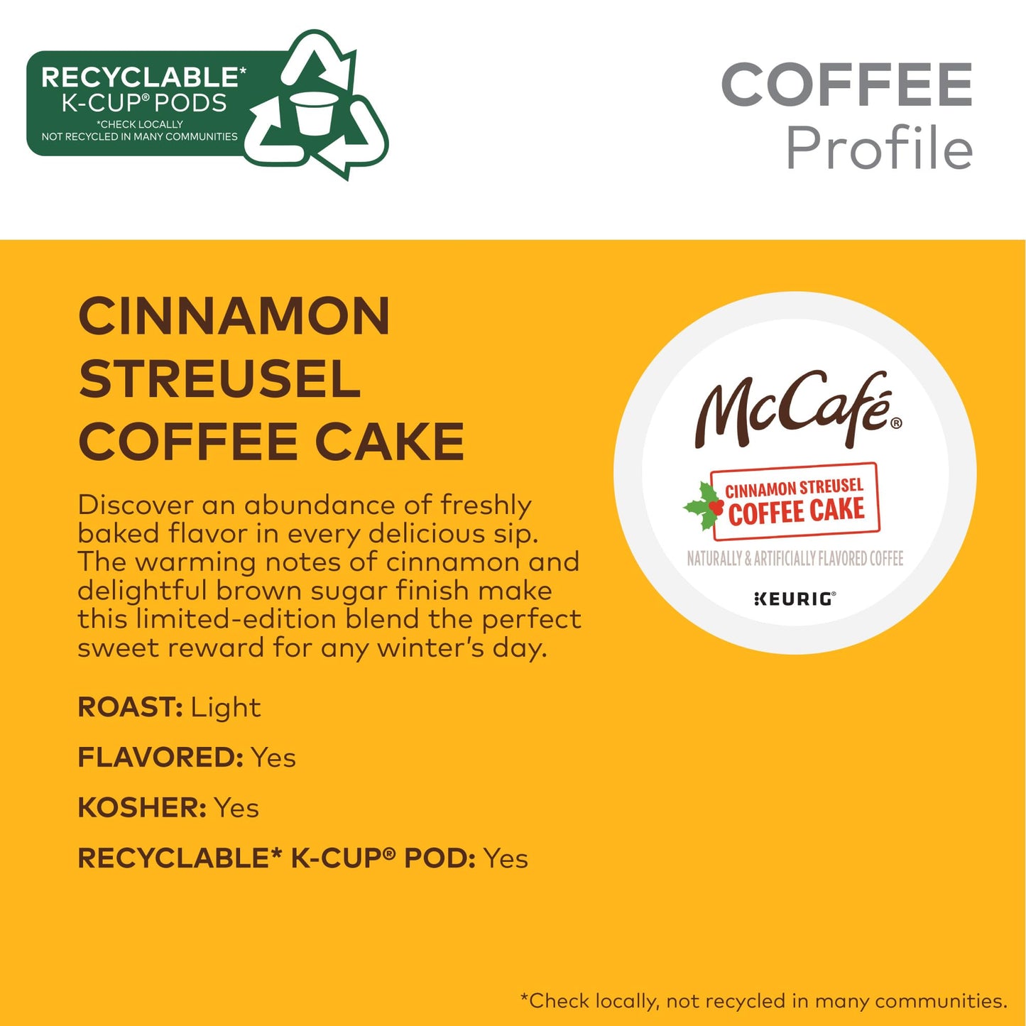 Mccafe Cinnamon Streusel Coffee Cake Coffee, Keurig Single Serve K-Cup Pods, 96 Count