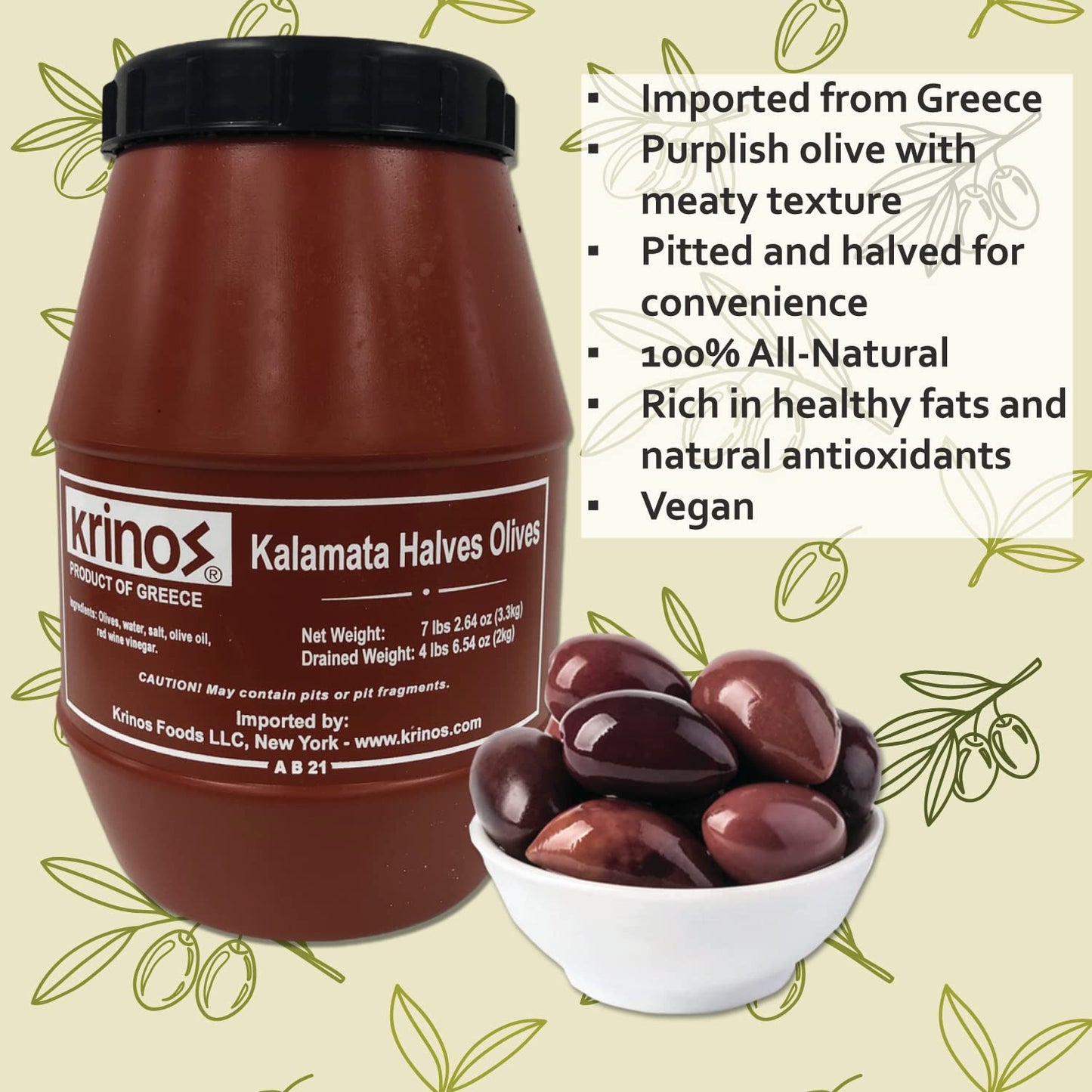 Krinos Kalamata Olives Halves, 4.4 lb, Mediterranean Delicacy, Perfect for Salads and Tapas