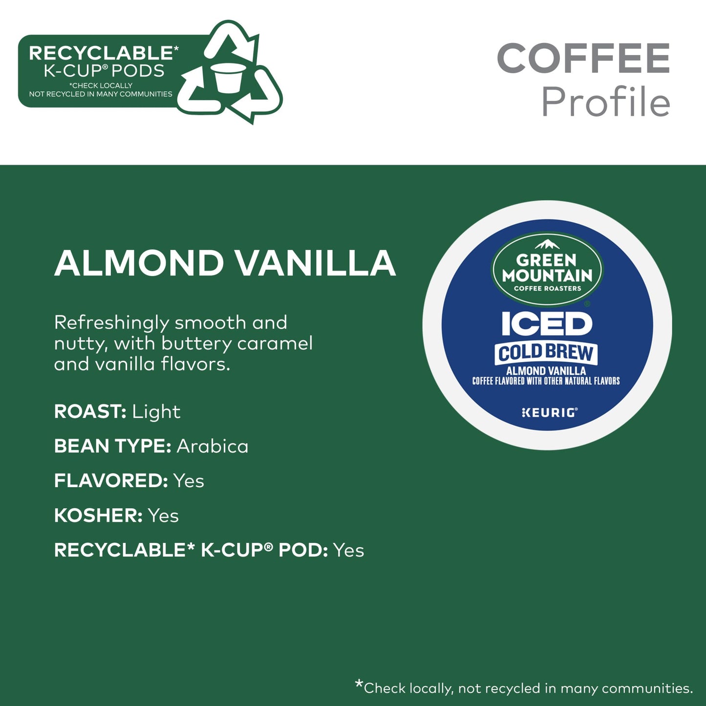 Green Mountain Coffee Roasters Almond Vanilla Iced Cold Brew Coffee, Single Serve Keurig K-Cup Pods, 60-Count Box (6 Packs Of 10