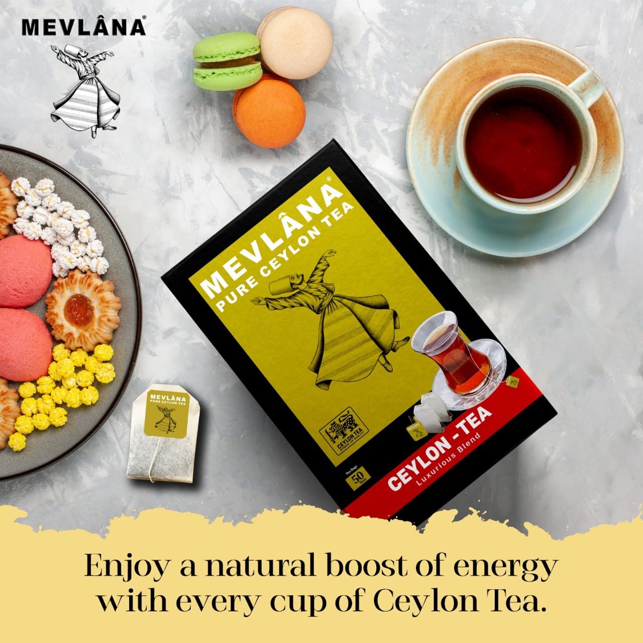 MEVLÂNA Pure Ceylon Tea Bags - Premium Hand-Picked Black Tea with Rich Aroma - 50 Count Teabags
