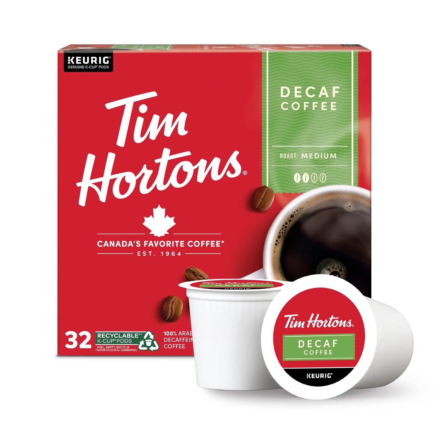 Tim Hortons Decaf Medium Roast Coffee K-Cup Pods, 32 Count, Compatible with Keurig, Red