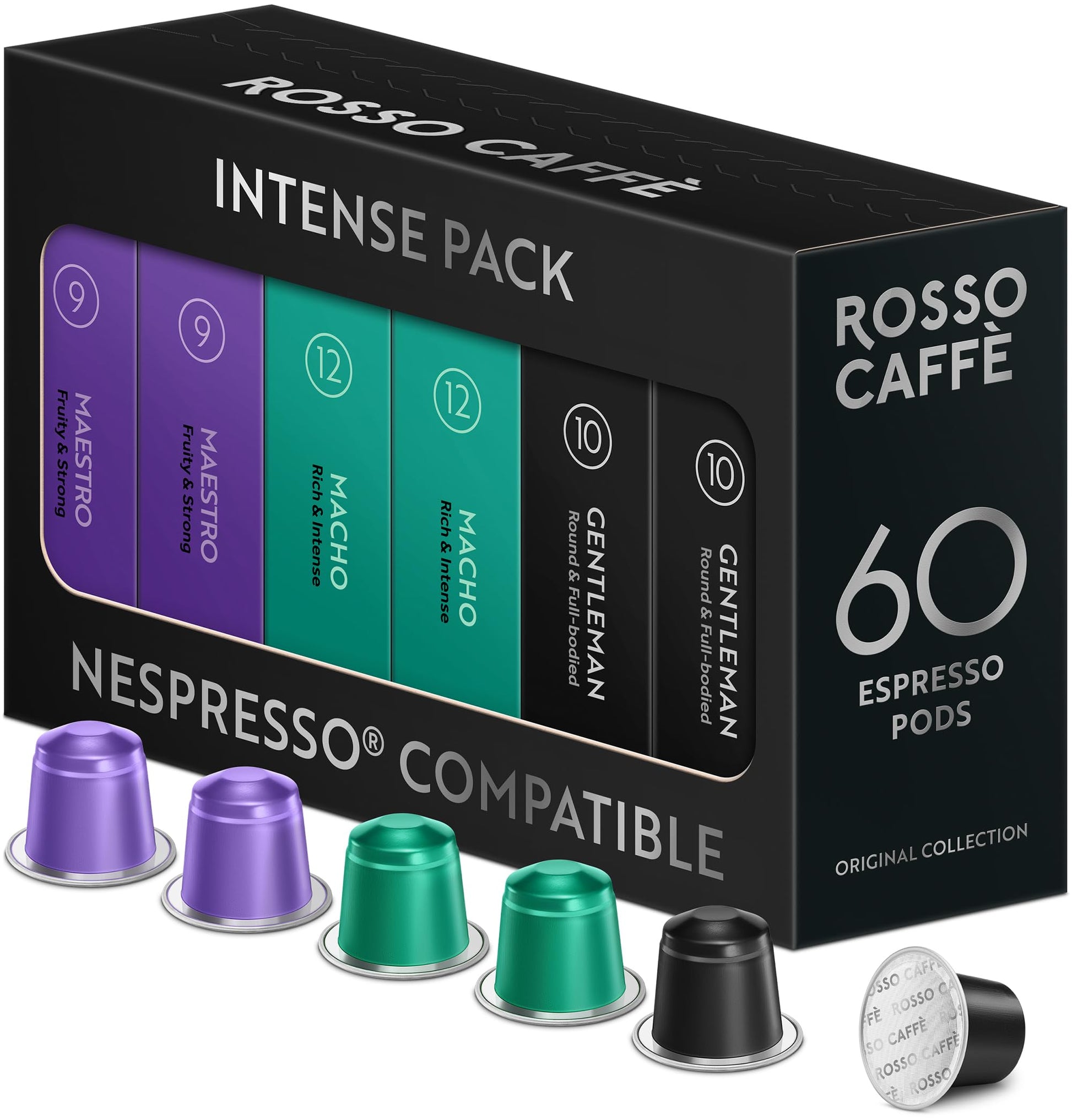 Rosso Caff 60 Espresso Coffee Pods For Nespresso Oriflavor Blendal Machines - Pack Of Rich And Bold Units  3 Top-Grade Intense Dark Flavors