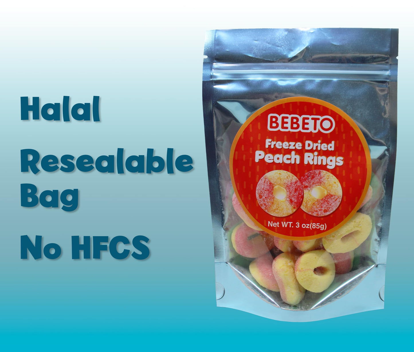 Bebeto Freeze Dried Crunchy Peach Rings - Sweet, Crunchy Fat Free & Peanut Free Freeze Dried Candy - No High Fructose Corn Syrup - Resealable Bag Halal Freeze Dried Gummy Candy - 3Oz Pack - By Kervan