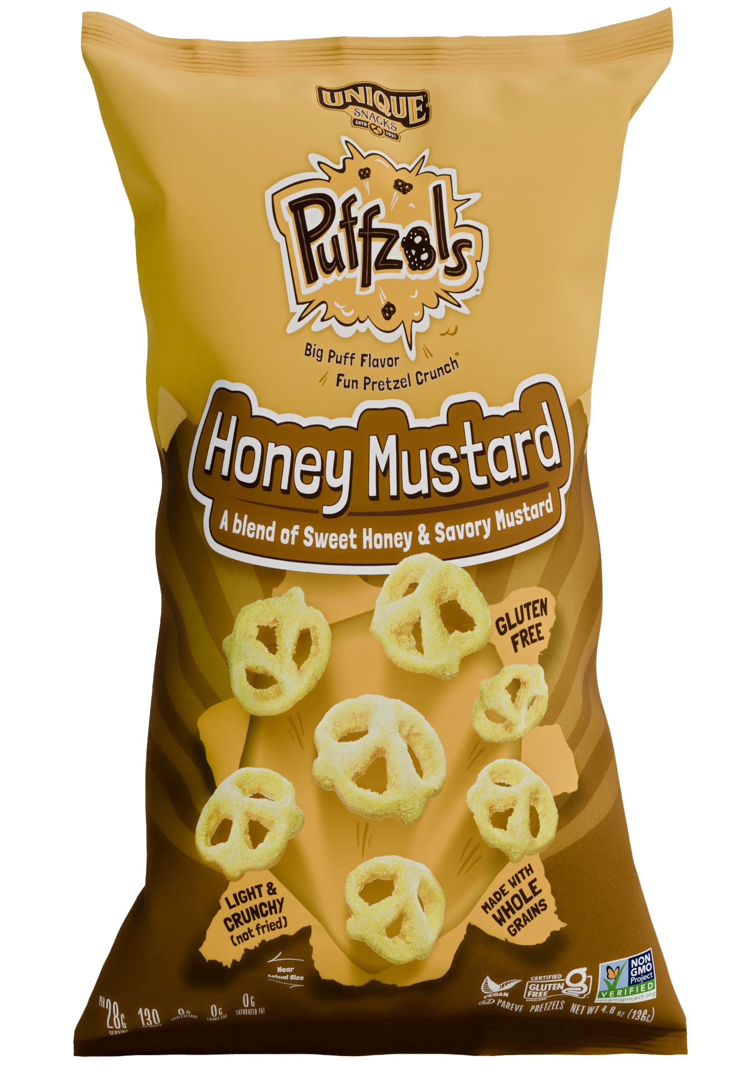 Unique Snacks Puffzels, Sweet Honey And Savory Mustard Flavor With A Fun Pretzel Crunch, Gluten-Free Snacks, 4.8 Oz. Snack Bag,