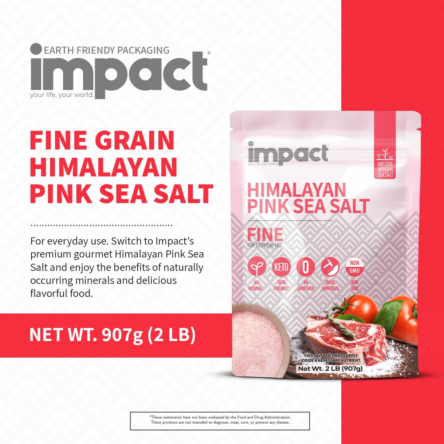 Impact Himalayan Pink Sea Salt Fine 2Lb Pouch - No Additives, Rich In Trace Minerals, Non-Gmo, Gluten-Free. Ideal For Keto, Fast