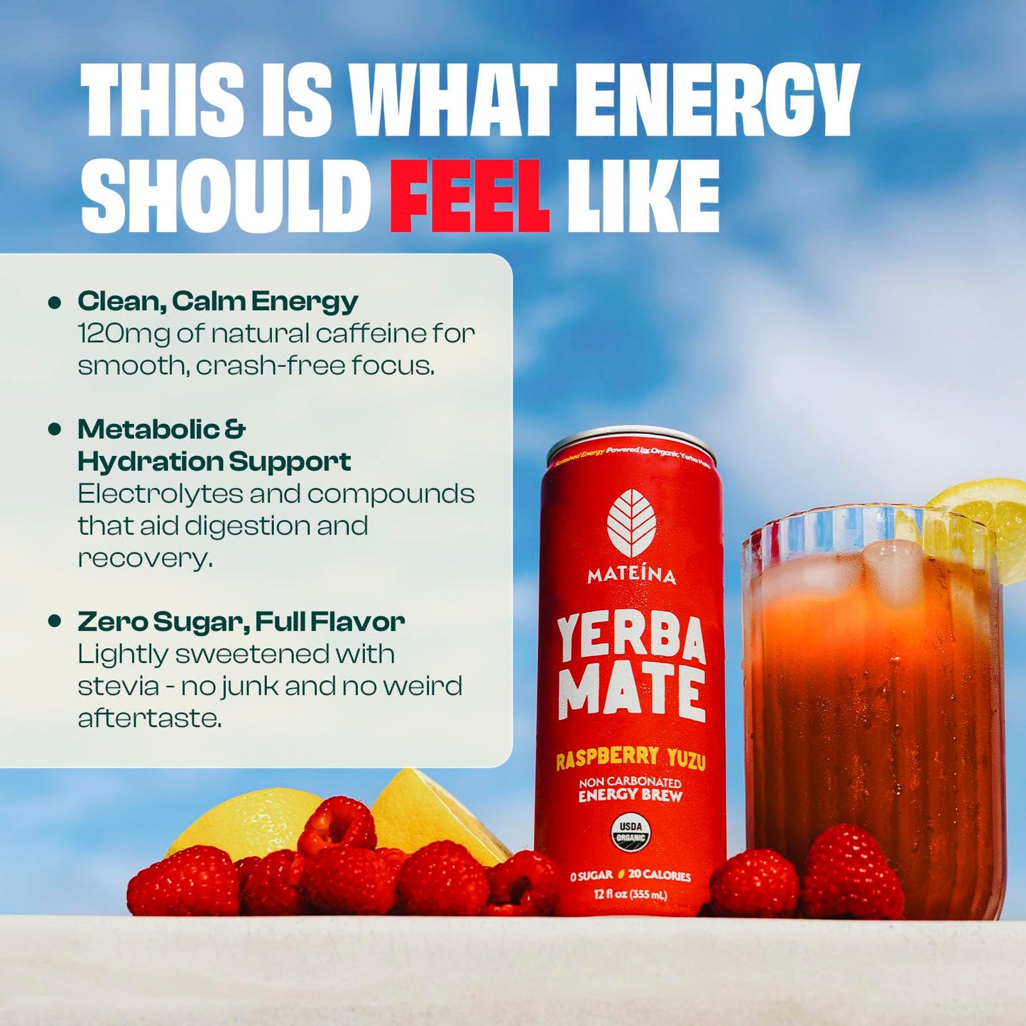 Mateina Yerba Mate Zero Sugar Energy Drink - 120mg Natural Caffeine - Organic  Non-GMO  Non-Carbonated - Dr. Andrew Huberman Recommended - 12 Pack (12oz Cans) (12 Pack  Raspberry Yuzu)