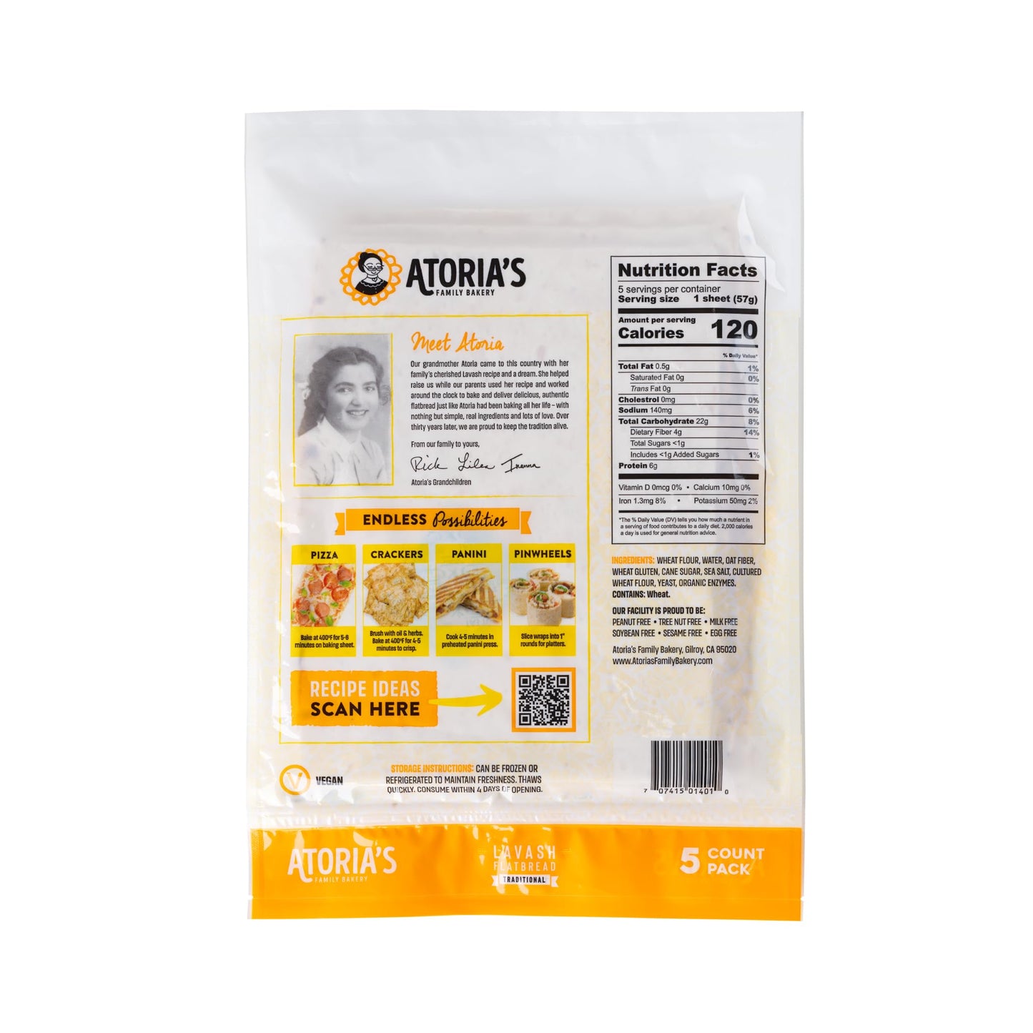 Atoria's Family Bakery Traditional Lavash - Non-GMO, Vegan, 10-Pack of 50 Flatbreads