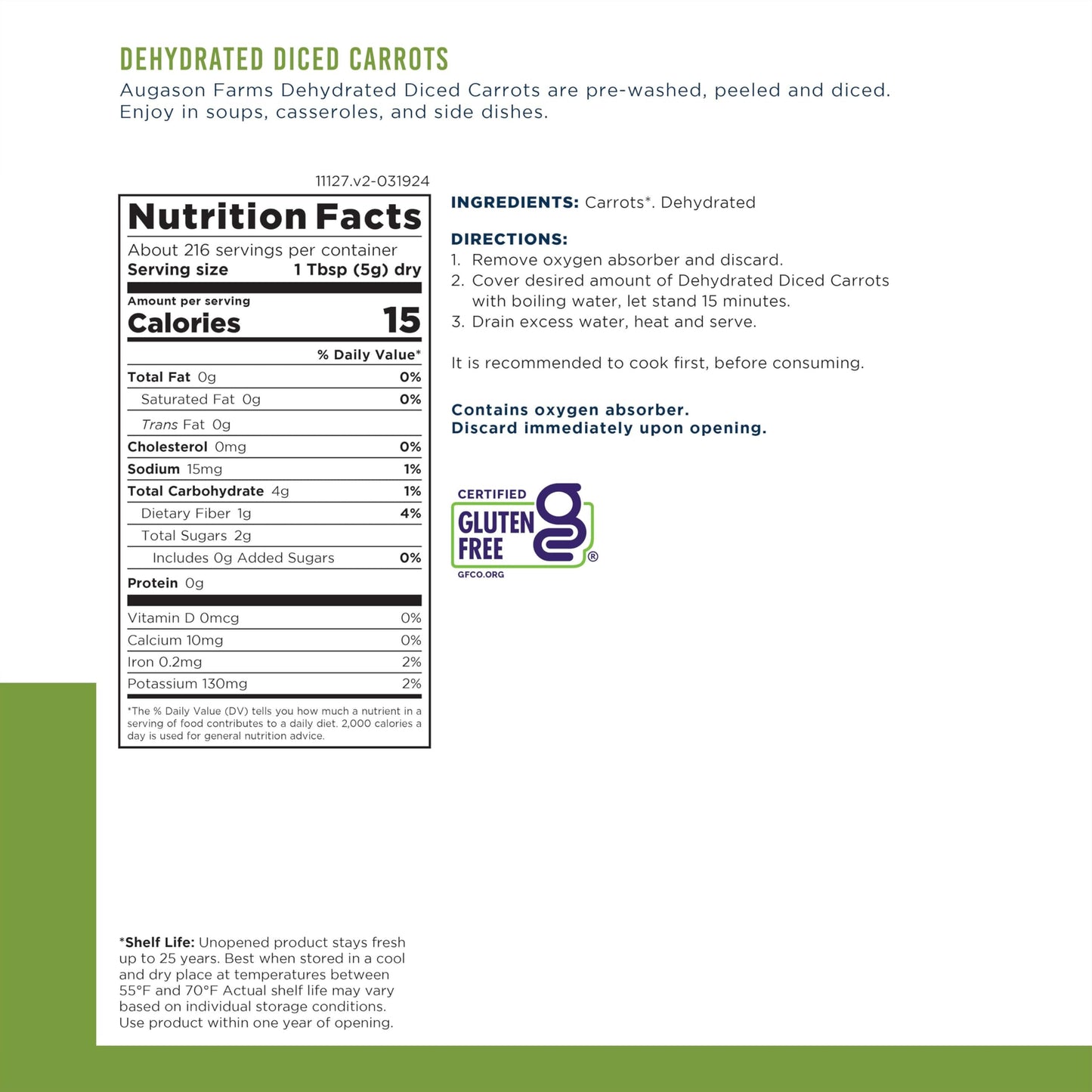 Augason Farms Dehydrated Diced Carrots Can, Emergency Food Supply, Everyday Meals, 216 Servings