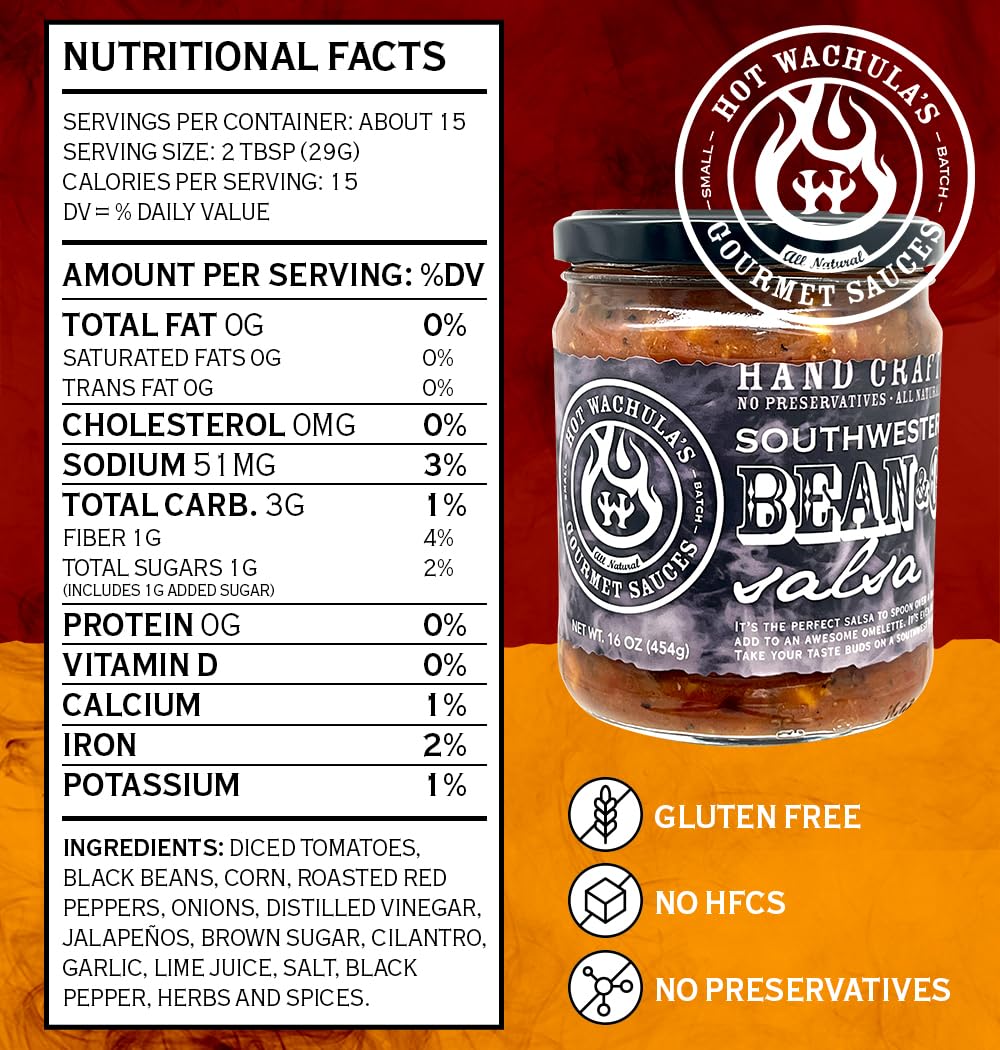 Hot Wachulas Southwest Black Bean & Corn Salsa - Medium, Handcrafted, Gluten Free, Low Sodium, All Natural Ingredients