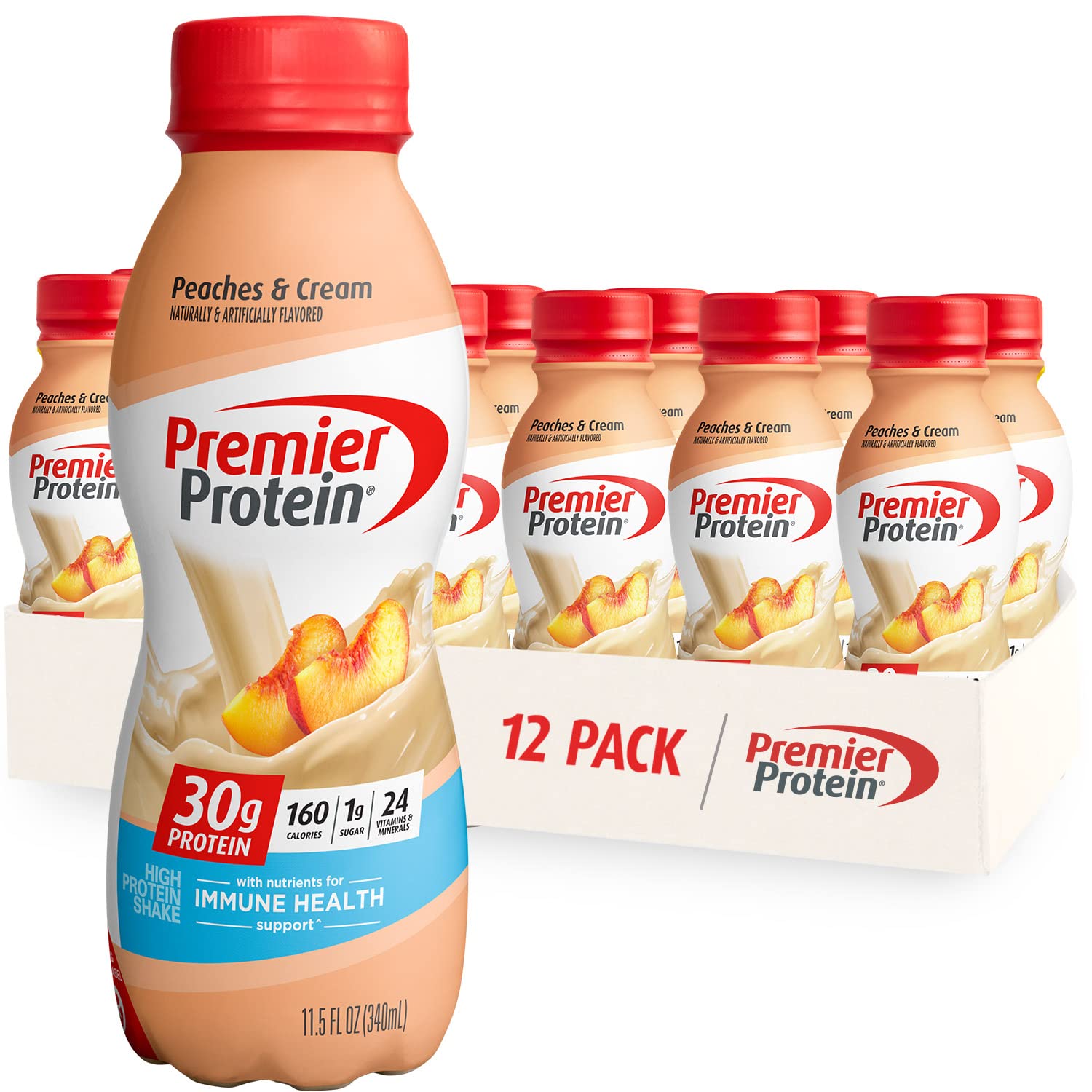 Premier Protein Shake, Peaches & Cream, 30g Protein, 1g Sugar, 11.5 fl oz, Pack of 12
