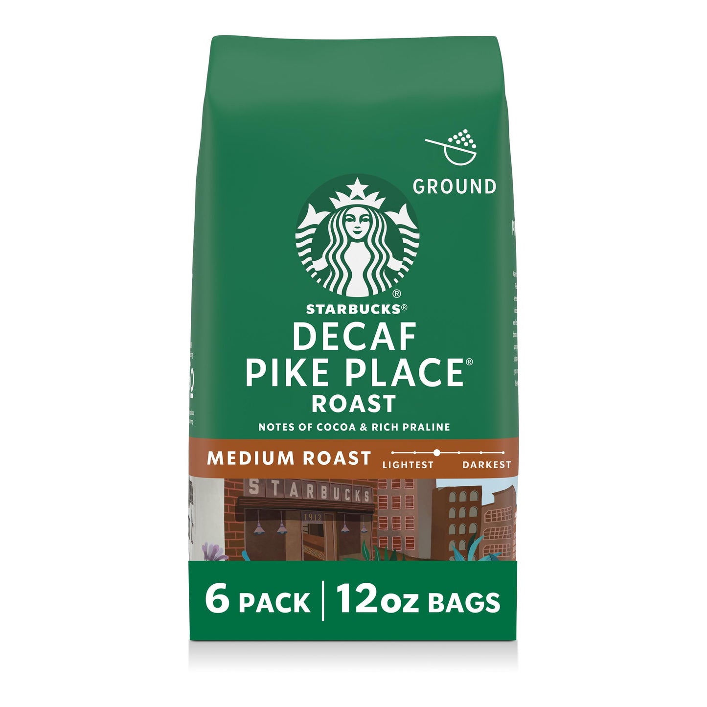 Starbucks Ground Coffee, Medium Roast Coffee, Decaf Pike Place Roast, 100% Arabica, 6 Bags (12 Oz Each)