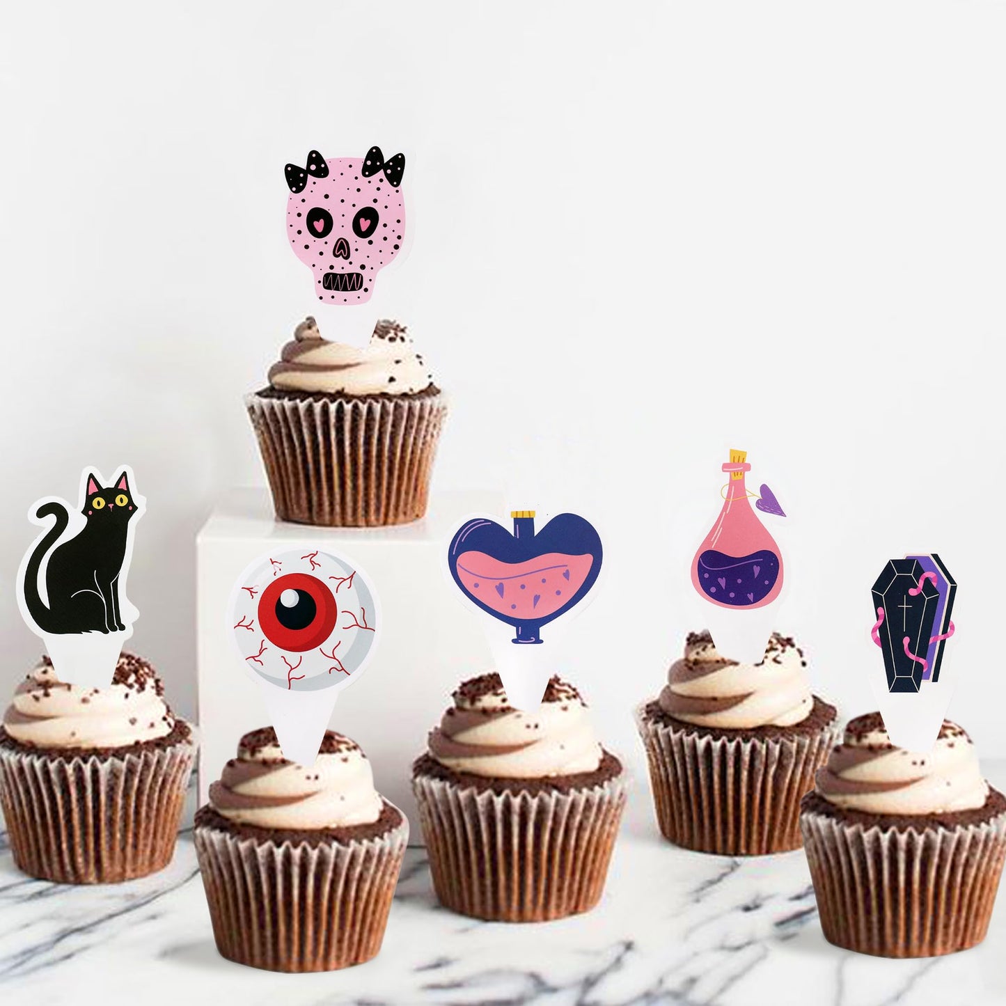 Ercadio 24 Pack Pink Halloween Cupcake Toppers Halloween Witch Hat Cat Skull Bat Cupcake Picks Pink Ghost Halloween Cupcake Topp