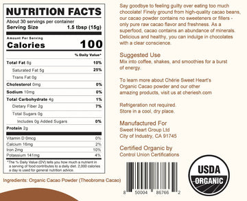 Cherie Sweet Heart Cacao Powder (16 Ounces / 1 Pound) Cocoa Chocolate Substitute, Certified Organic, Sugar-Free, Keto, Vegan & N