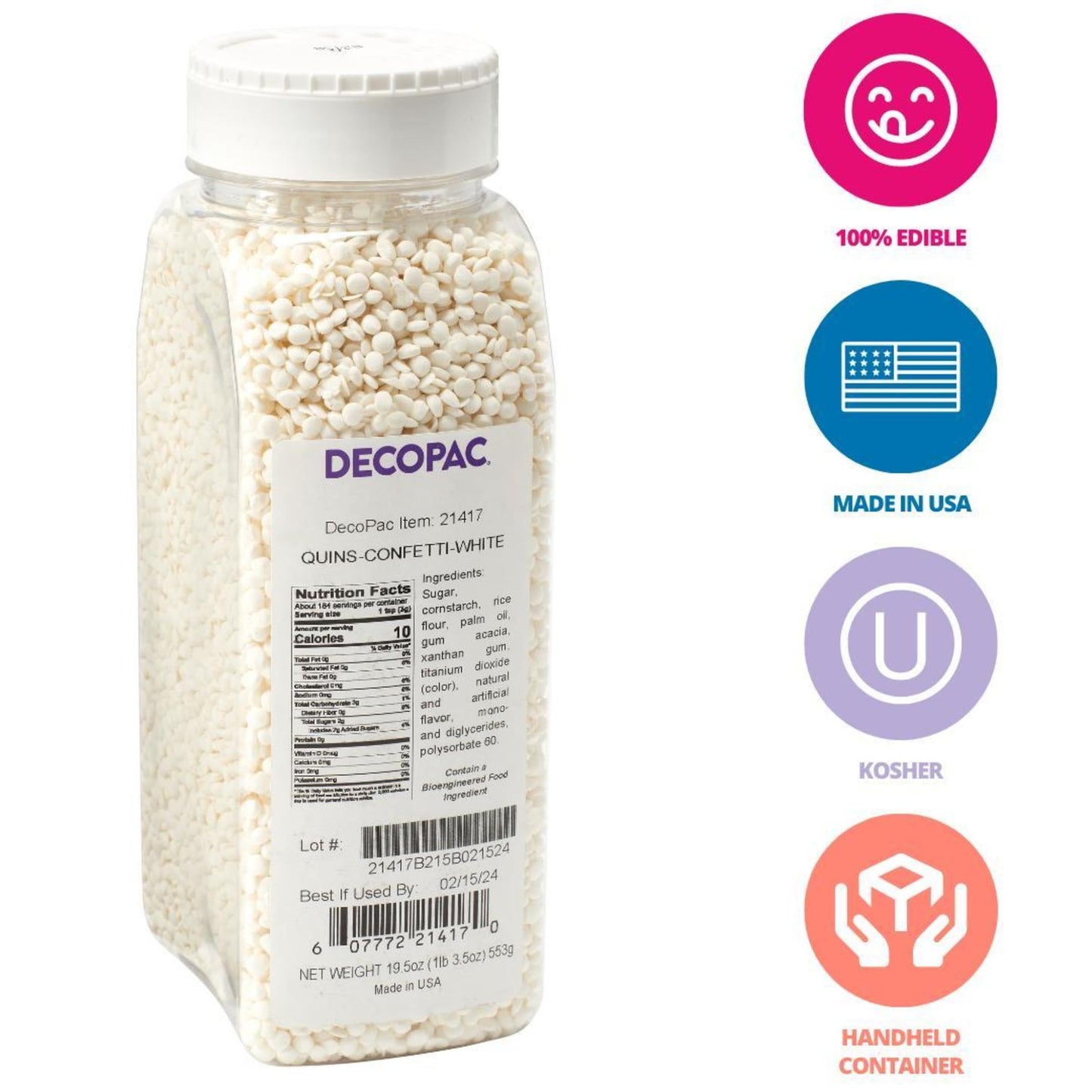 Decopac Quins Fancy Sprinkles, 19.5Oz, Candy Sprinkles In Handheld Container, Edible Sprinkles For Celebration Cakes, Cupcakes, Cookies - Confetti White Quins