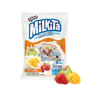 Milkita The Real Milk Lollipop Bag, Gluten Free Chewy Candies With Calcium & Real Milk, Zero Trans Fat, Low-Sugar, Fruity Flavors (Strawberry, Honeydew, Mango), 10 Pcs