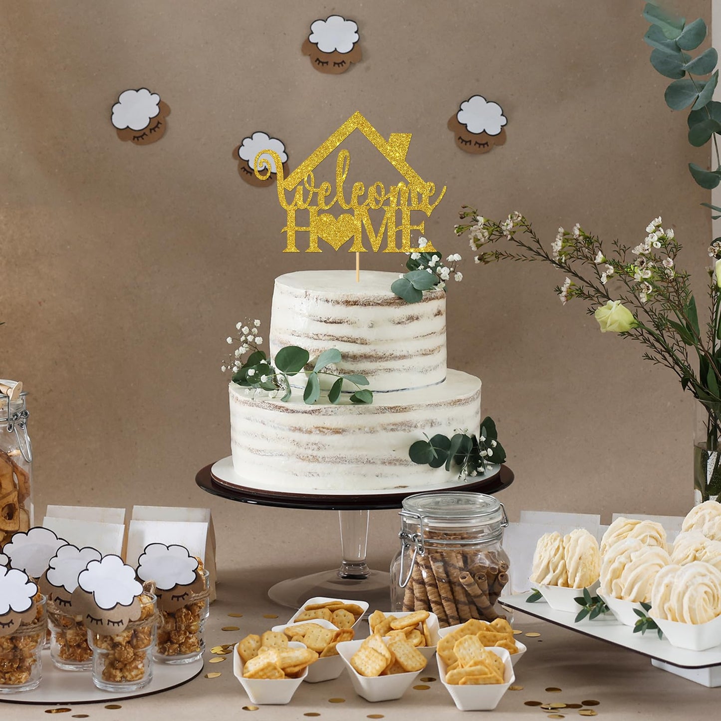 Gold Glitter Welcome Home Cake Topper - Home Party Decoration - Welcome Sign - New Home/New Baby/Retiring From The Army/Return F