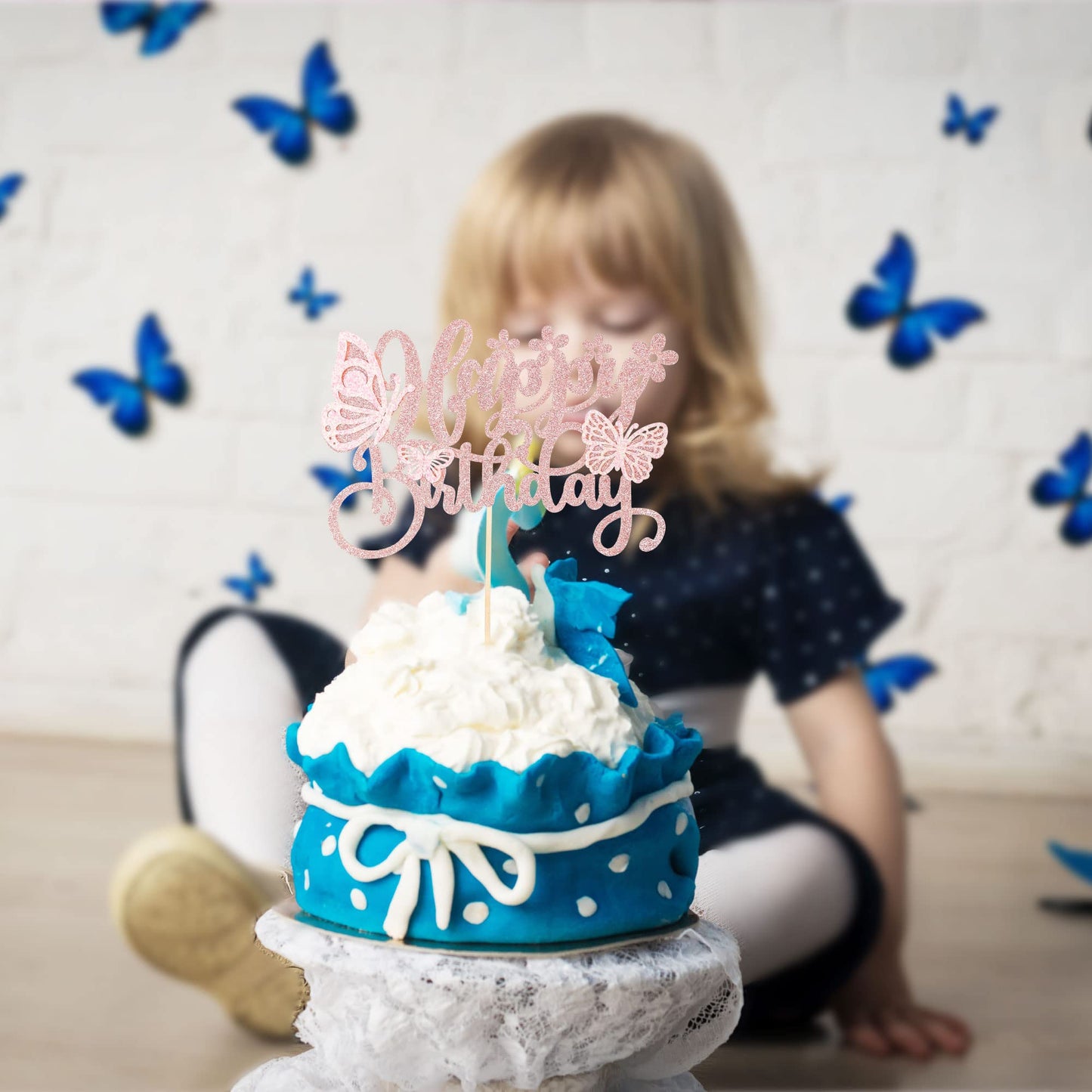 Gyufise 1Pcs Butterfly Cake Topper Glitter Assembled 3D Butterfly Cupcake Toppers Happy Birthday Cake Topper For Wedding Anniver