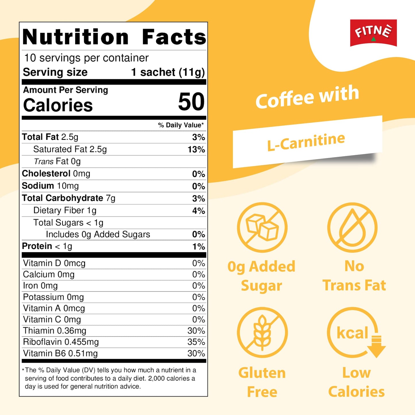 Fitne Instant 3 In 1 Coffee Packets Mix With L-Carnitine For Workout Exercise Vitamin B1 B2 B6 Smooth Blend No Sugar Sucralose Sweetener, 10 Sachets