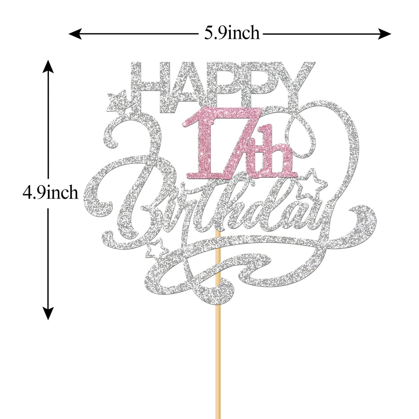 Monmon & Craft Happy 17Th Birthday Cake Topper/Cheers To 17 Years/Girls 17Th Birthday Party Decor Supplies - Silver & Pink Glitt