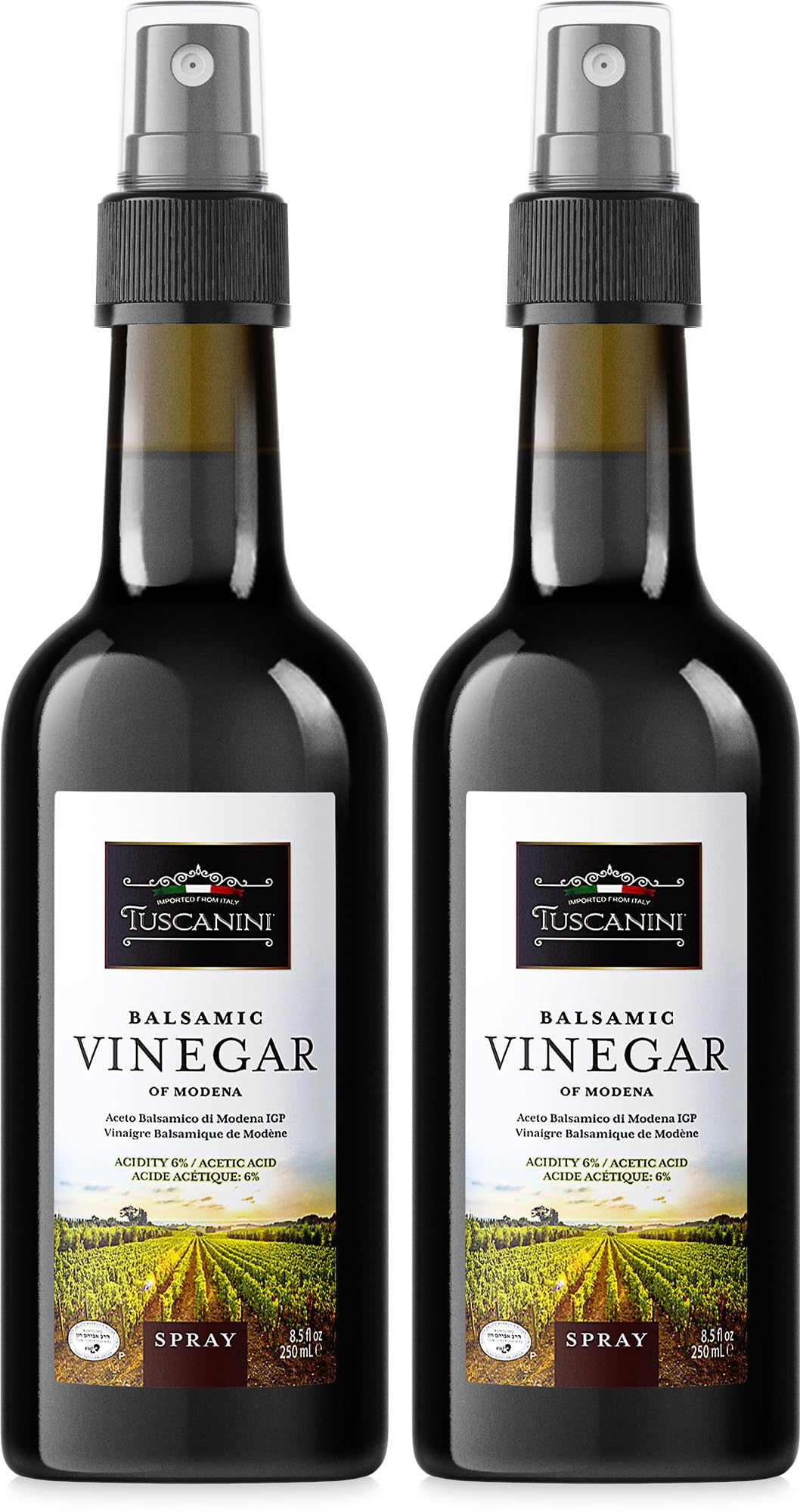 Tuscanini Italian Balsamic Vinegar of Modena Italy, 6% Acidity, 8.45oz (2 Pack) Glass Bottle | Spray Top | Certified Kosher