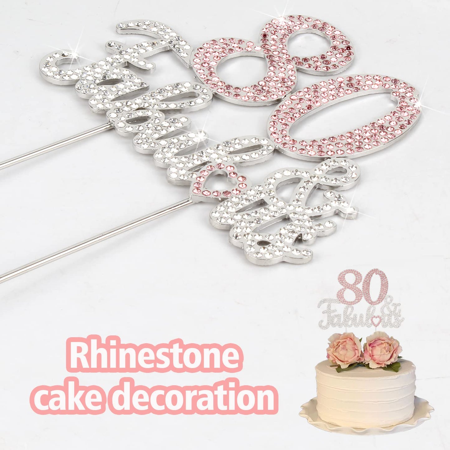 Laskyer 80 & Fabulous Silver Pink Rhinestone Cake Topper - Happy 80Th Birthday Cheers To Eighty Years Old Bday Party Metal Spark