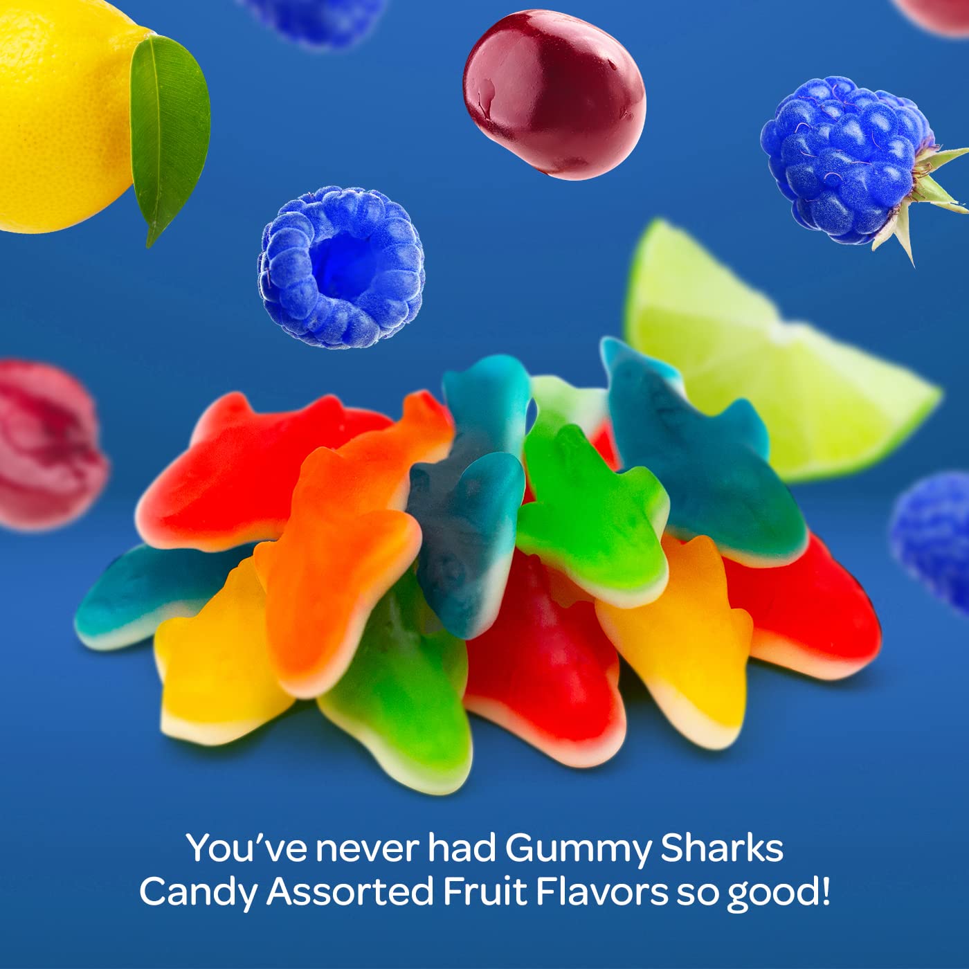 FUNTASTY Gummy Sharks Candy - Assorted Fruit Flavors - 2 Pound Bulk Pack (About 150 Count) - Yellow, Blue, White, Lime, Green, Red