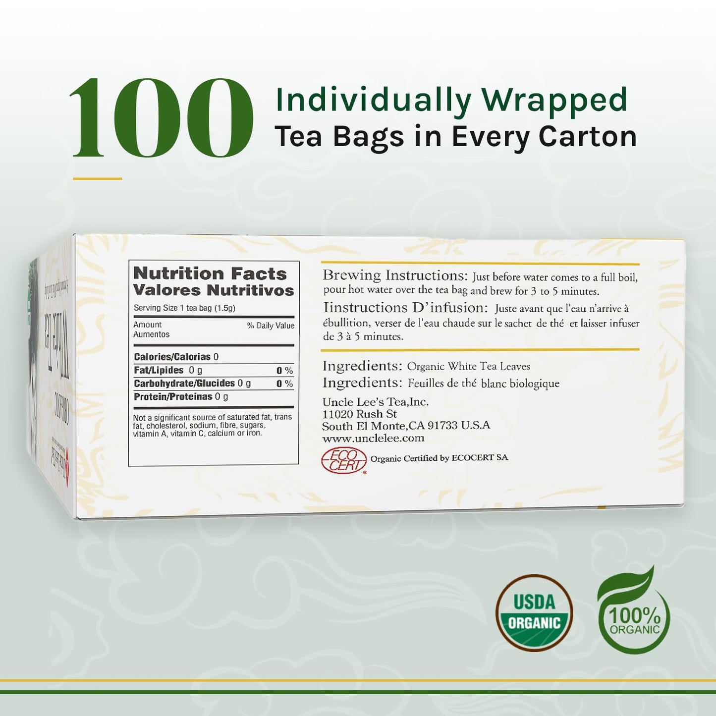 Uncle Lees Organic White Tea Bags, Low Caffeine, Antioxidant-Rich, 100 Count, Individually Wrapped, Pack of 1