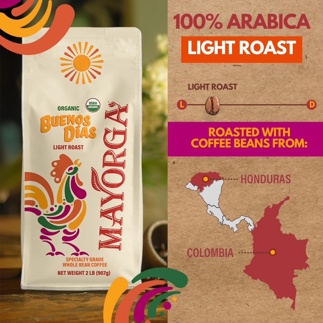Mayorga Organic Coffee 2Lb Buenos Dias - Light Roast Whole Bean Coffee Specialty Grade, 100% Arabica, Slow Roasted, Citrusy And