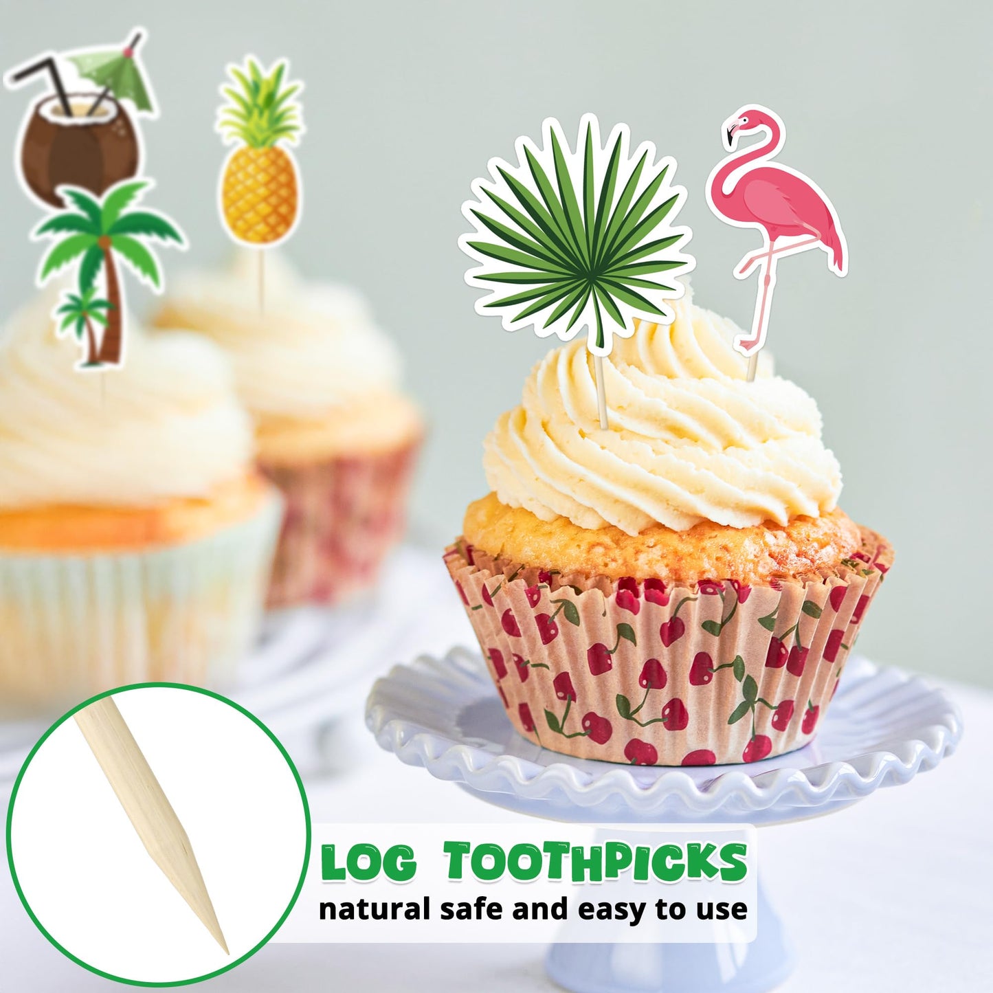 50 Pcs Tropical Cake Sticks, Disposable Tiki Flamingo Pineapple Palm Leaf Cake Toppers, Luau Cake Decorations For Summer Hawaiia