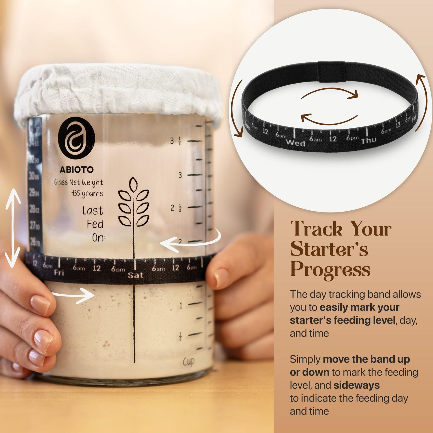 ABIOTO Sourdough Starter Jar Kit  Includes 34 oz Sourdough Starter Jar with Metallic Lid  Silicone Spatula  Feeding Tracker  Extra Thermometer Strips & Breathable Covers - Sourdough Bread Starter Kit