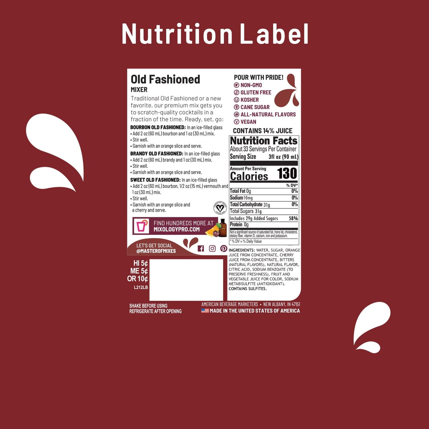 Master of Mixes Old Fashioned Drink Mix, Ready To Use, 1 Liter Bottle (33.8 Fl Oz), Pack of 6