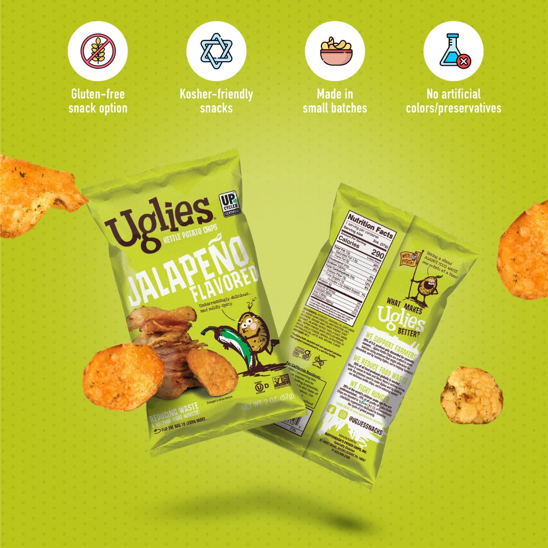 Uglies Jalapeno Kettle-Cooked Potato Chips, Gluten-Free, Non-GMO, 6 Oz. Bags, Pack of 12
