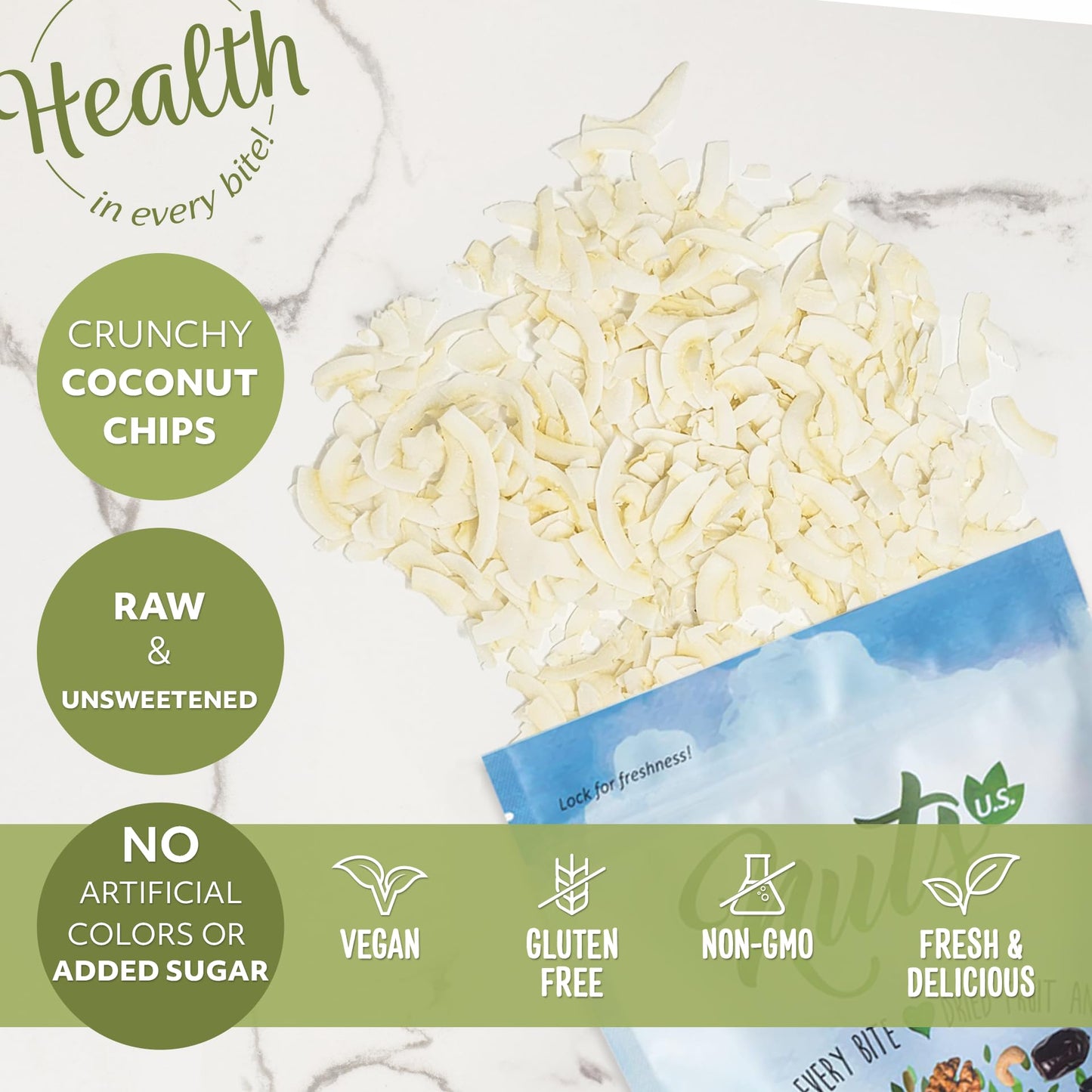 NUTS U.S. - Coconut Chips | Unsweetened and Raw | Real Coconuts | Non GMO | Packed in a Resealable Bag!!! (3 LB)