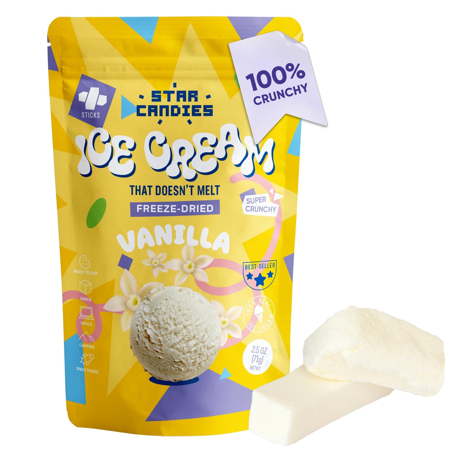 Star Candies Freeze Dried Ice Cream Vanilla | No Melting Freeze Dried Vanilla Ice Cream Candy | Crunchy & Delicious Camping Food